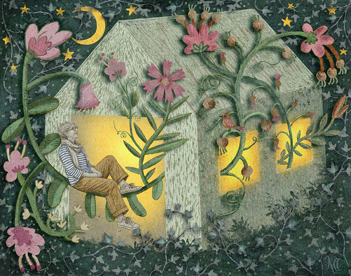 Ilustracja domu, z którego okien wyrastają rośliny – symbol przestrzeni twórczej i rozwoju artystki.